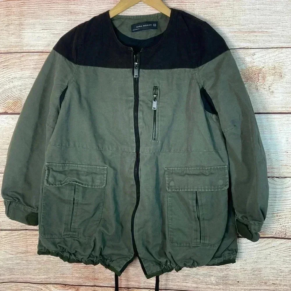 Zara Woman Denim Utility Jacket Green Black XS